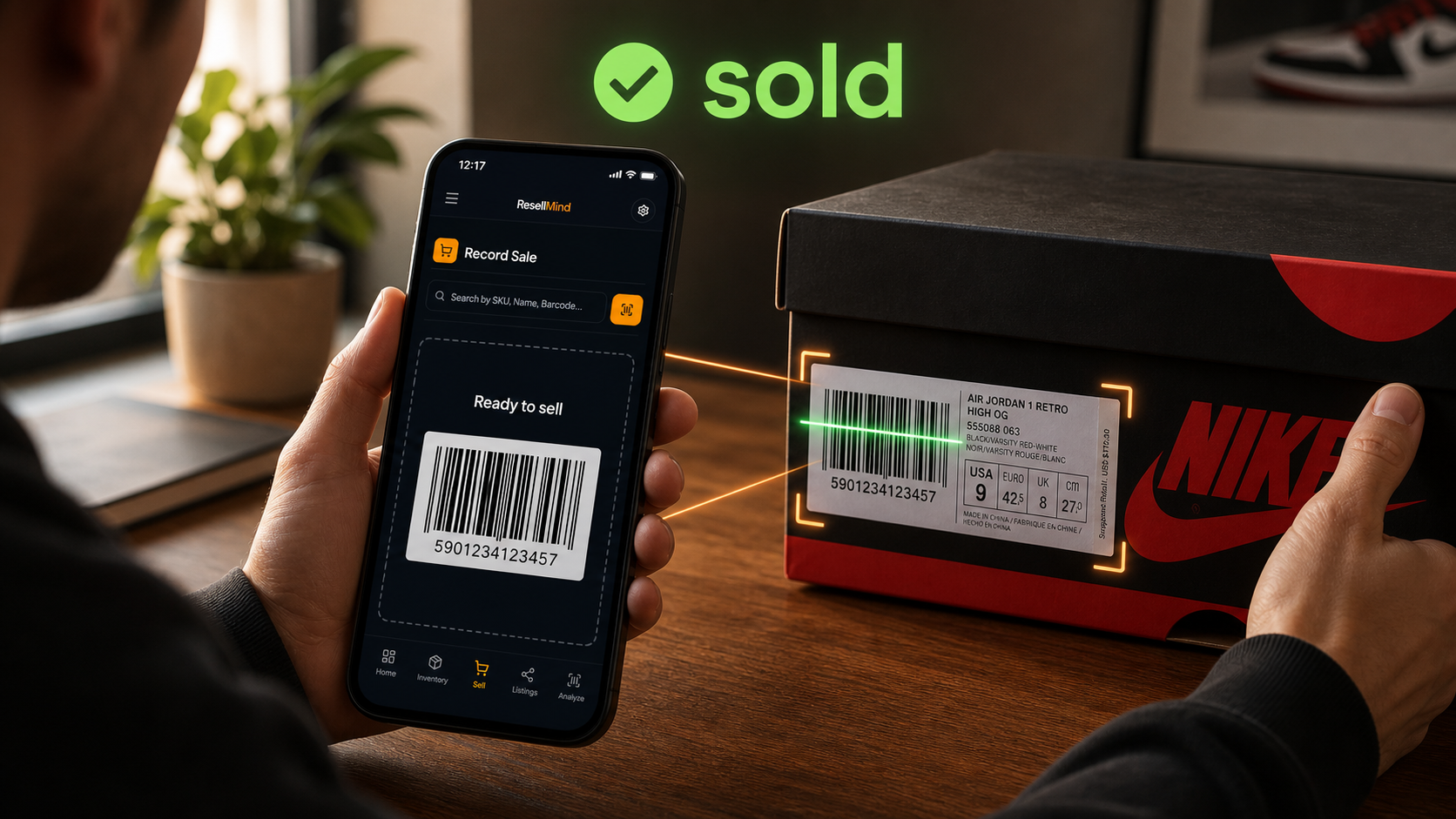ResellMind app scanning a sneaker box barcode during a resale workflow